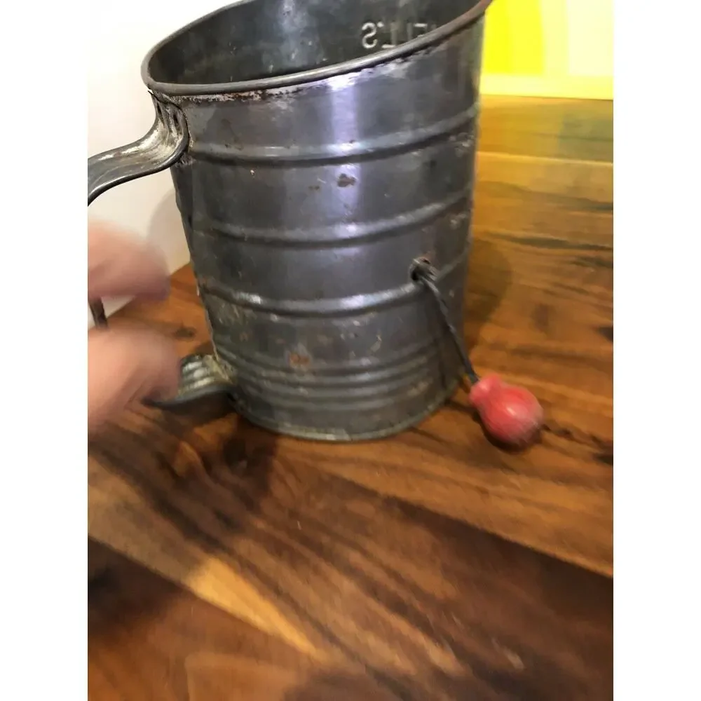 Antique Bromwell Metal Flour Sifter with Red Wood Knob Turn Handle USA